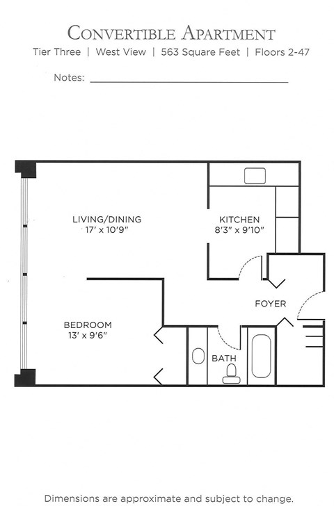 Floor plan for 1 bed, 1 bath, 589 sqft